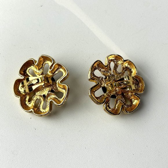 Givenchy Gold Flower Clip On Earrings with Black Cabochon - Picture 6 of 7